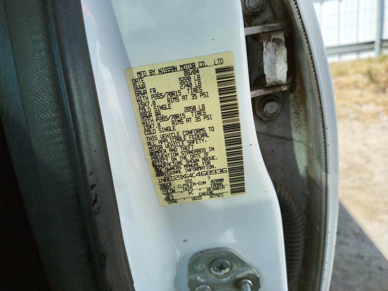 Photo 10 from auction – 2004 NISSAN FRONTIER C with VIN 1N6ED29X64C468936