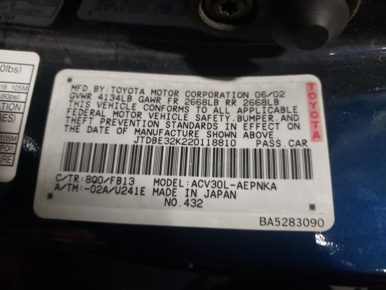 Photo 10 from auction – 2002 TOYOTA CAMRY LE with VIN JTDBE32K220118810