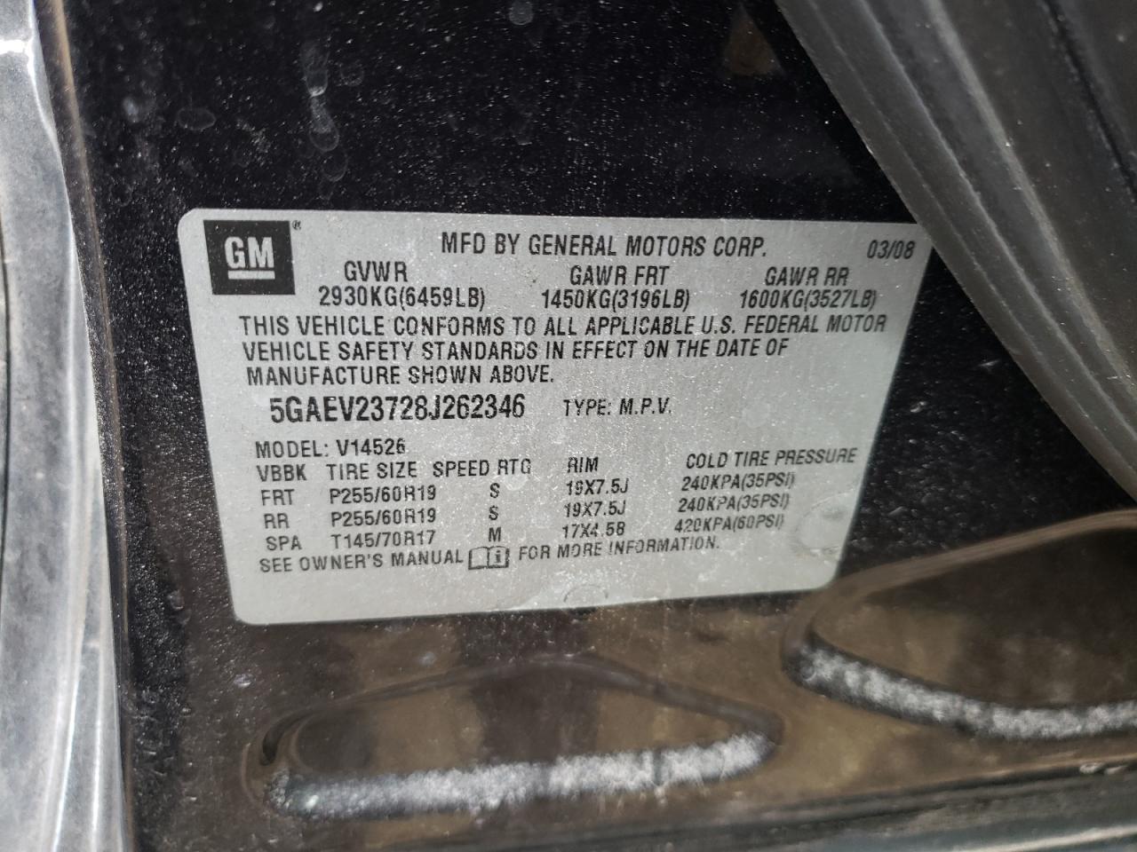 Photo 10 from auction – 2008 BUICK ENCLAVE CX with VIN 5GAEV23728J262346