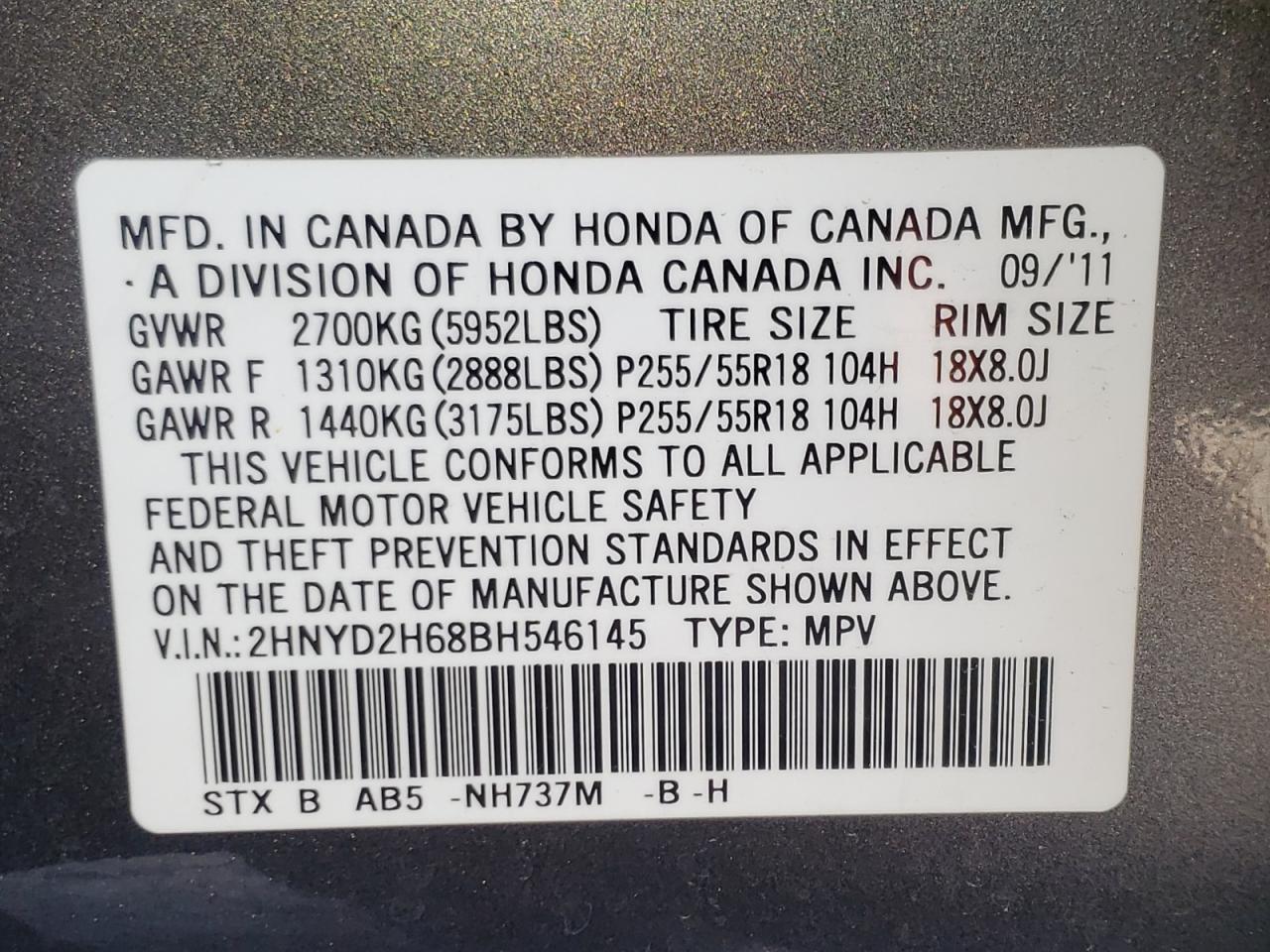 Photo 10 from auction – 2011 ACURA MDX TECHNO with VIN 2HNYD2H68BH546145