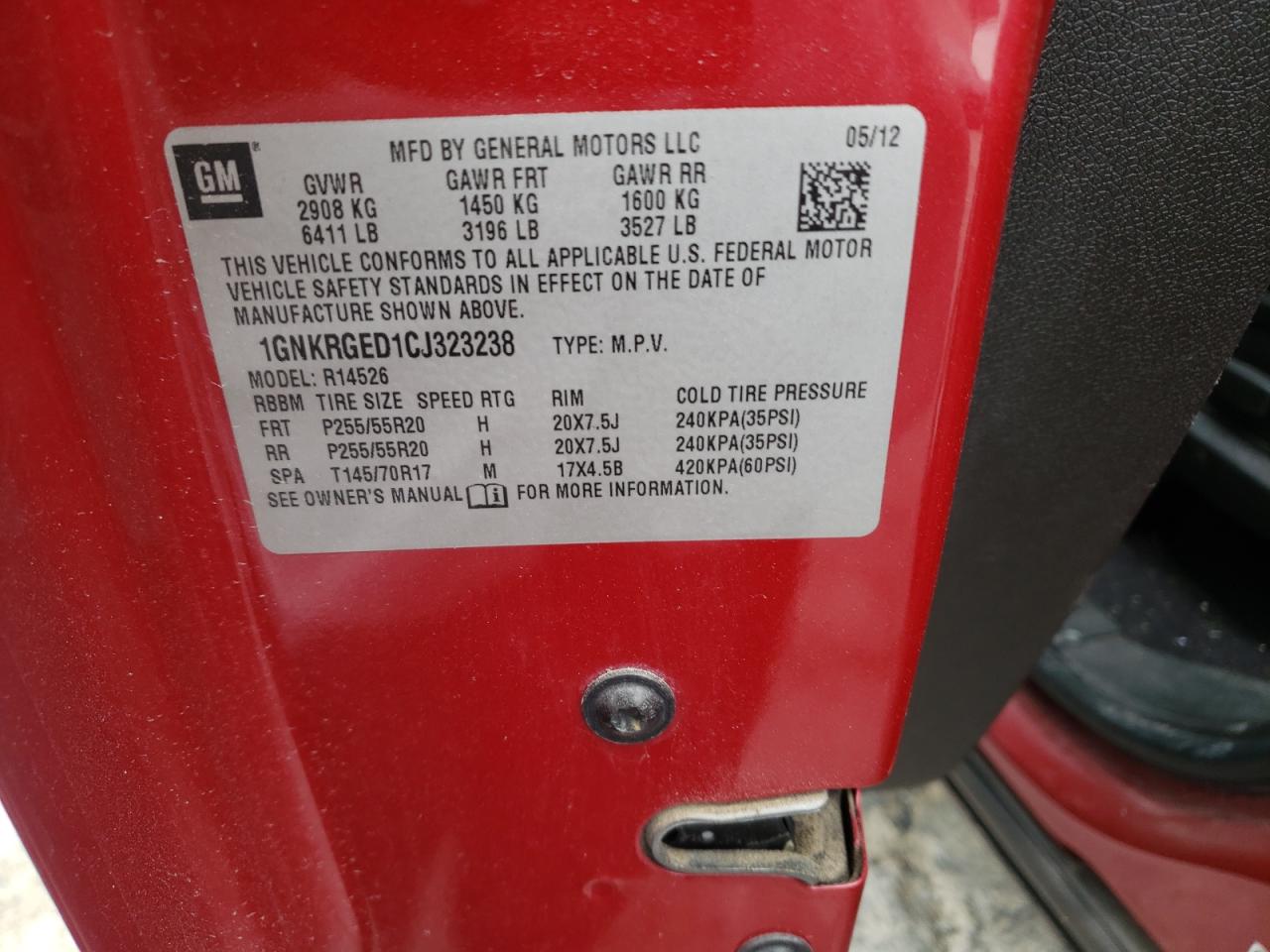 Photo 10 from auction – 2012 CHEVROLET TRAVERSE L with VIN 1GNKRGED1CJ323238