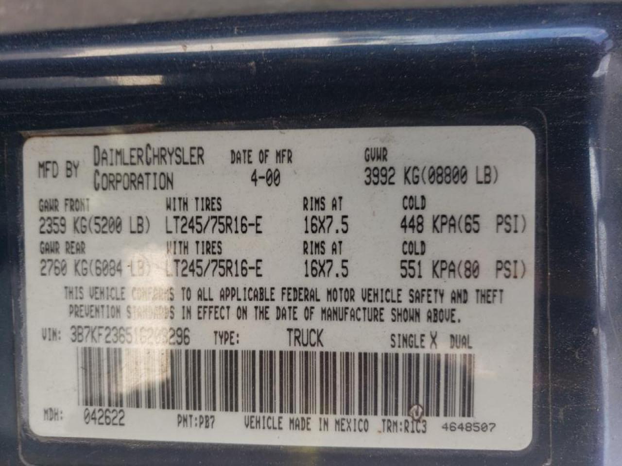 Photo 10 from auction – 2001 DODGE RAM 2500 with VIN 3B7KF23651G209296