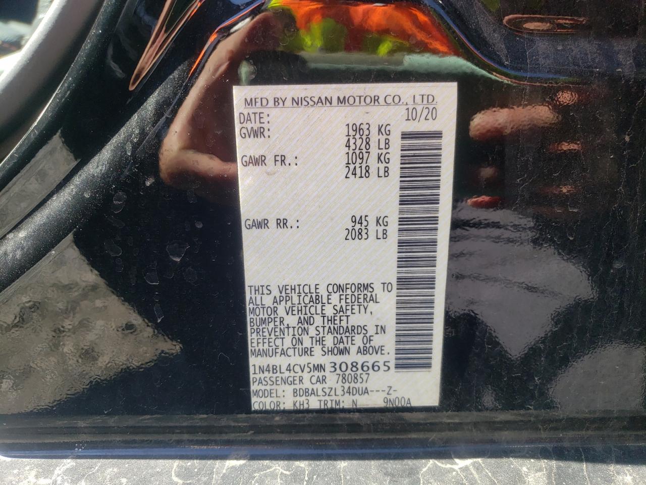 Photo 10 from auction – 2021 NISSAN ALTIMA SR with VIN 1N4BL4CV5MN308665