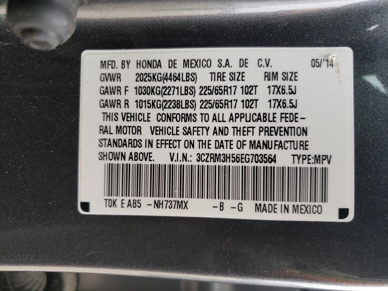 Photo 10 from auction – 2014 HONDA CR-V EX with VIN 3CZRM3H56EG703564