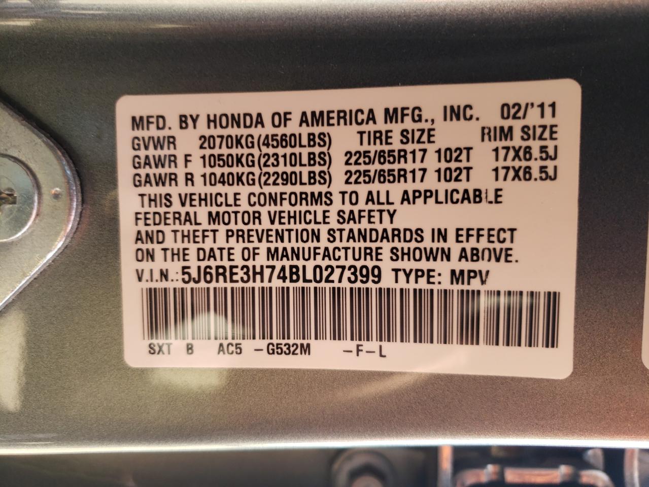 Photo 10 from auction – 2011 HONDA CR-V EXL with VIN 5J6RE3H74BL027399