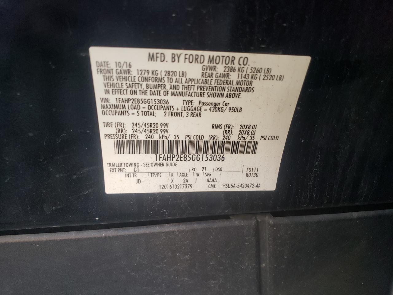 Photo 10 from auction – 2016 FORD TAURUS SEL with VIN 1FAHP2E85GG153036