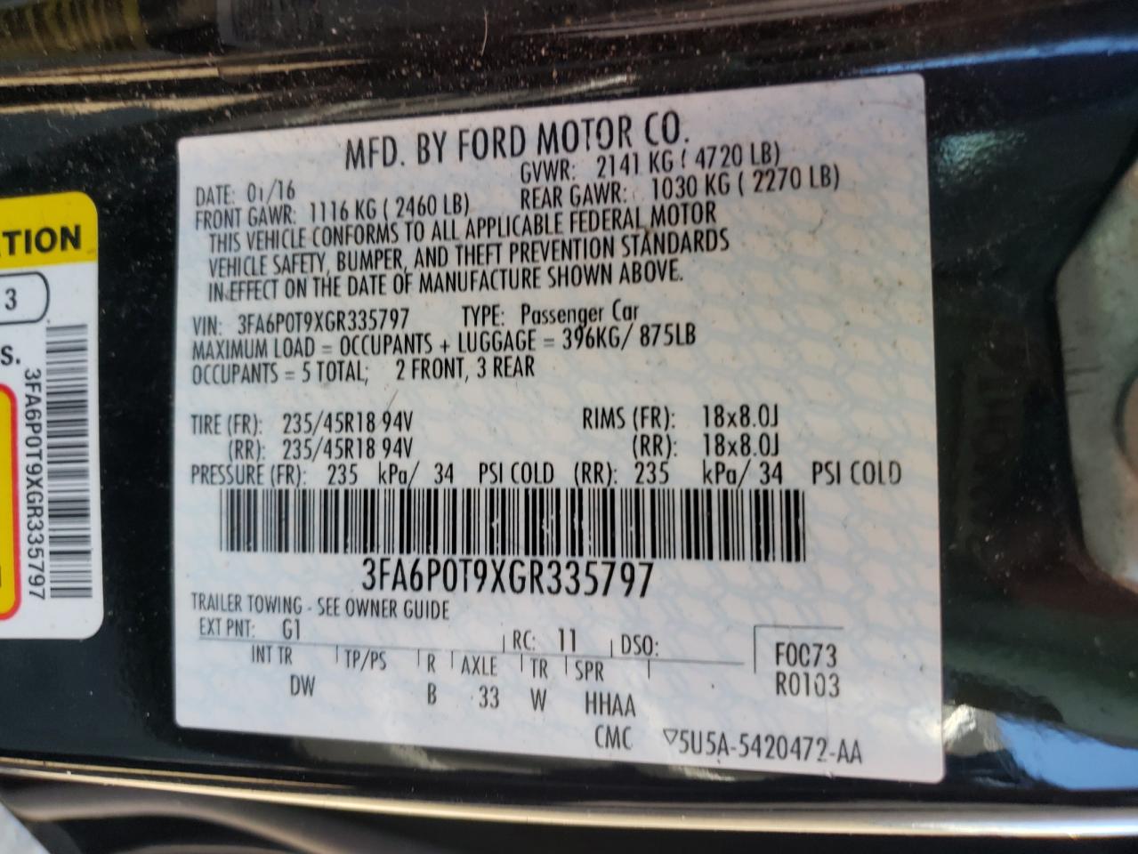 Photo 10 from auction – 2016 FORD FUSION with VIN 3FA6P0T9XGR335797