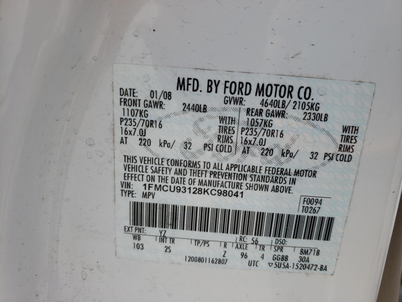 Photo 10 from auction – 2008 FORD ESCAPE XLT with VIN 1FMCU93128KC98041