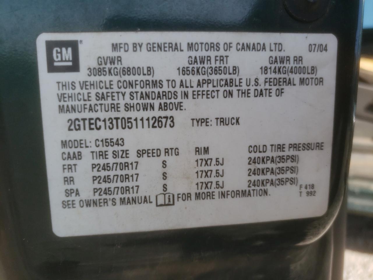 Photo 10 from auction – 2005 GMC NEW SIERRA with VIN 2GTEC13T051112673