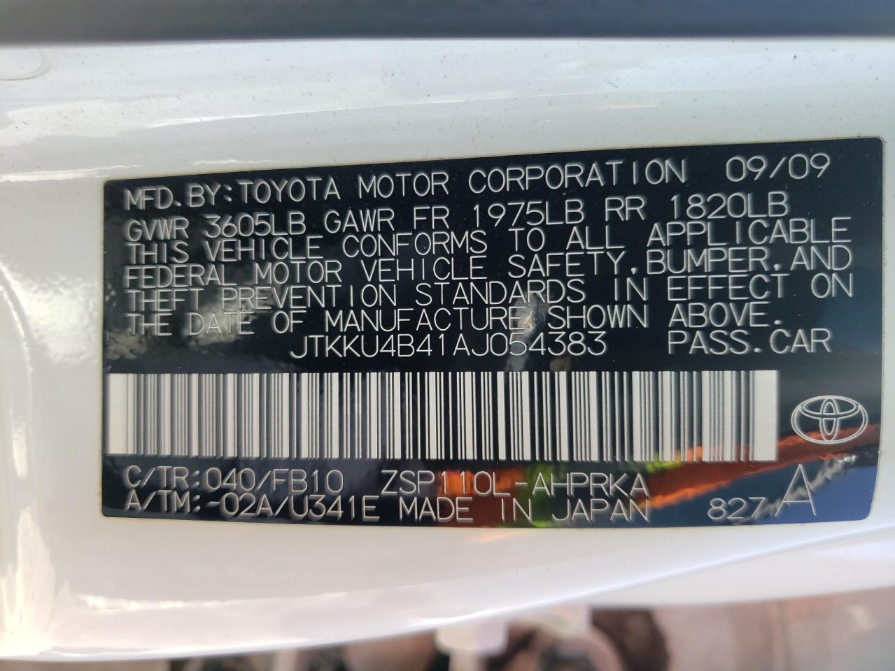 Photo 10 from auction – 2010 TOYOTA SCION XD with VIN JTKKU4B41AJ054383