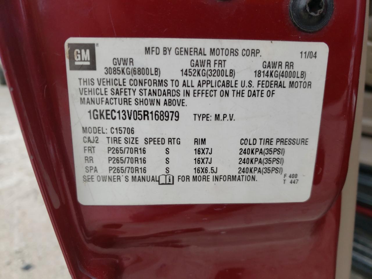 Photo 10 from auction – 2005 GMC YUKON with VIN 1GKEC13V05R168979