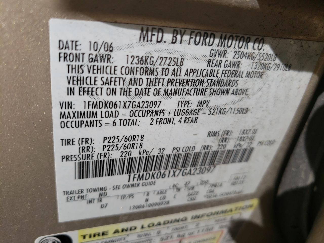 Photo 10 from auction – 2007 FORD FREESTYLE with VIN 1FMDK061X7GA23097