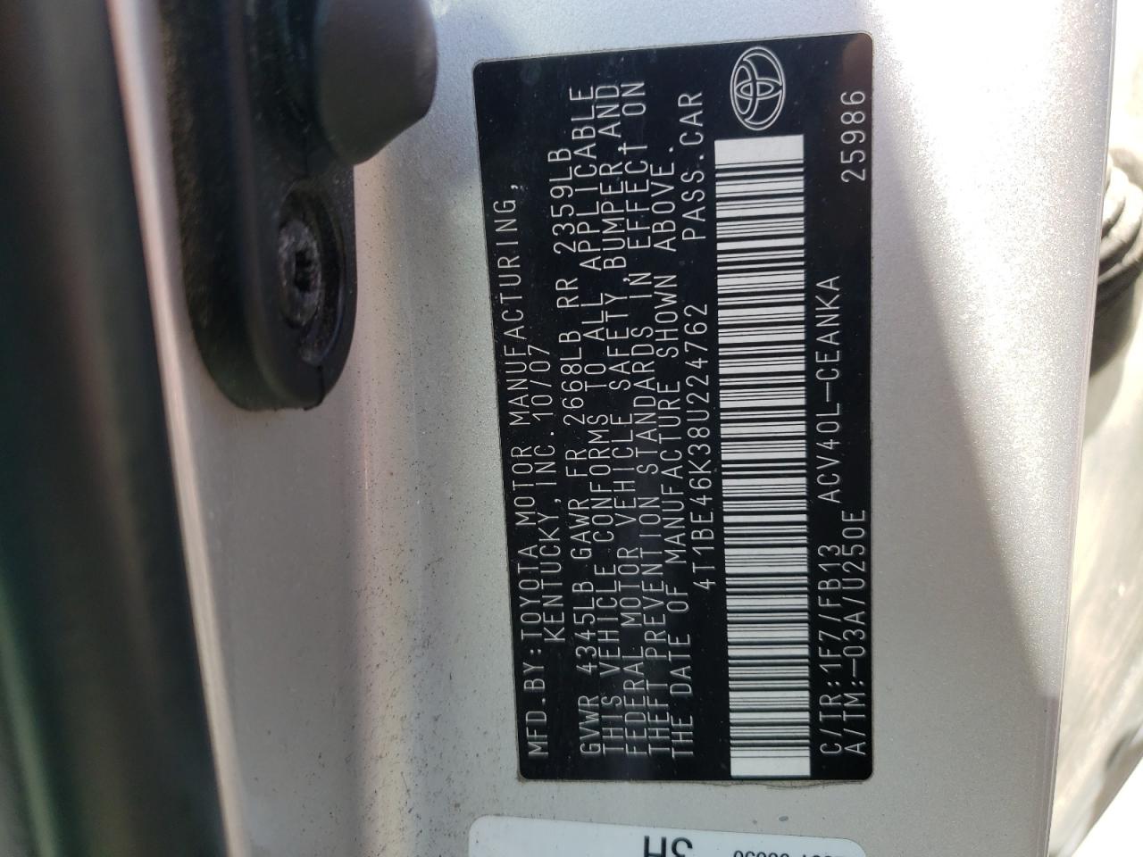 Photo 10 from auction – 2008 TOYOTA CAMRY CE with VIN 4T1BE46K38U224762