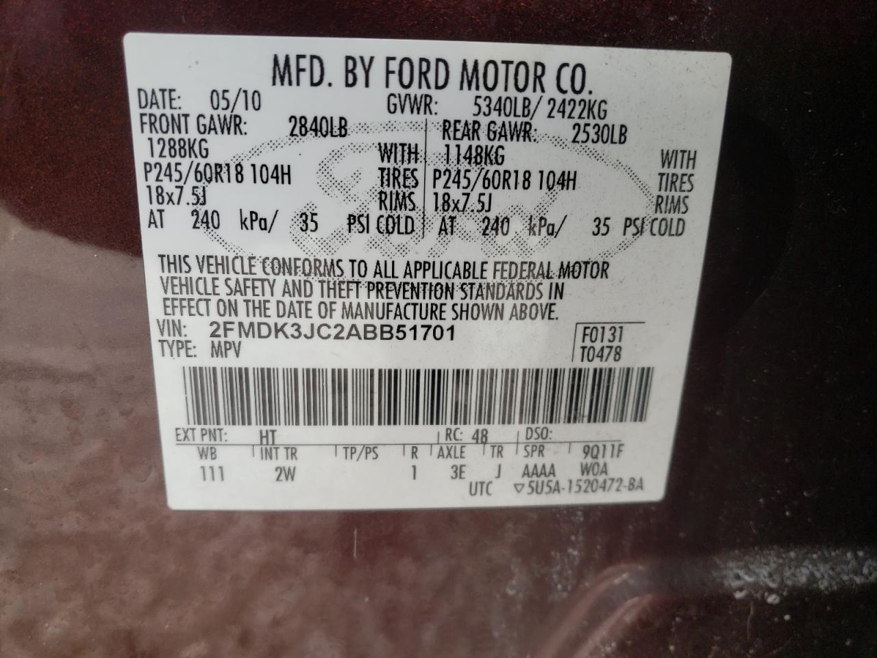 Photo 10 from auction – 2010 FORD EDGE SEL with VIN 2FMDK3JC2ABB51701