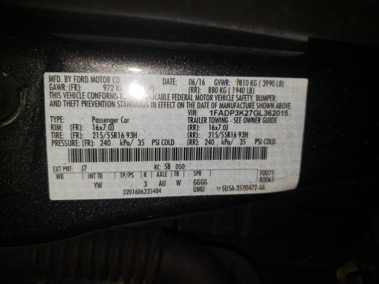 Photo 10 from auction – 2016 FORD FOCUS SE with VIN 1FADP3K27GL362015