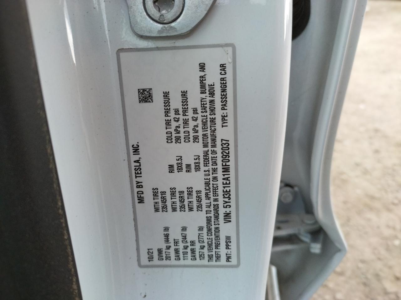 Photo 10 from auction – 2021 TESLA MODEL 3 with VIN 5YJ3E1EA1MF092037