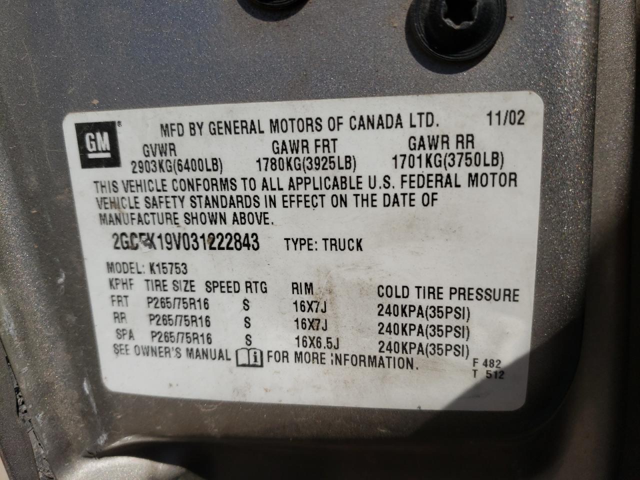 صورة رقم 10 من المزاد - 2003 CHEVROLET SILVERADO مع VIN 2GCEK19V031222843