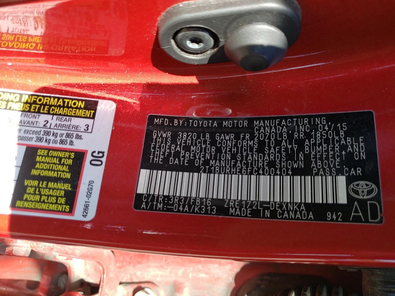 Photo 10 from auction – 2015 TOYOTA COROLLA LE with VIN 2T1BURHE6FC400404