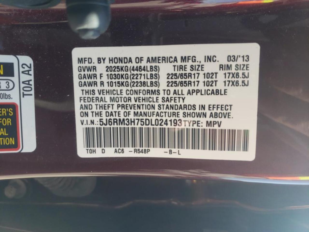 Photo 10 from auction – 2013 HONDA CR-V EXL with VIN 5J6RM3H75DL024193