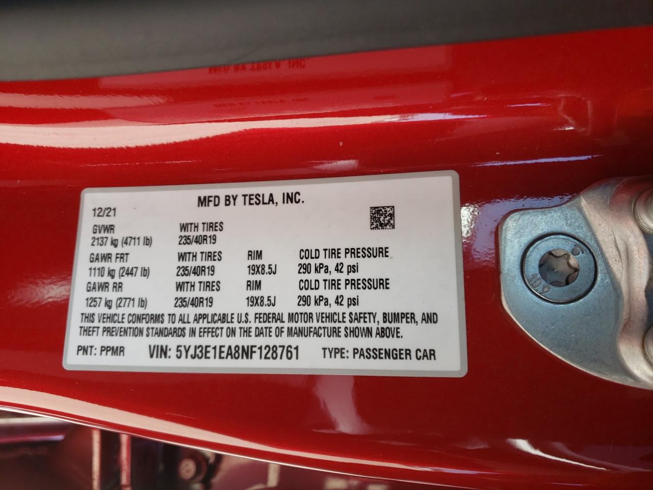 Photo 10 from auction – 2022 TESLA MODEL 3 with VIN 5YJ3E1EA8NF128761