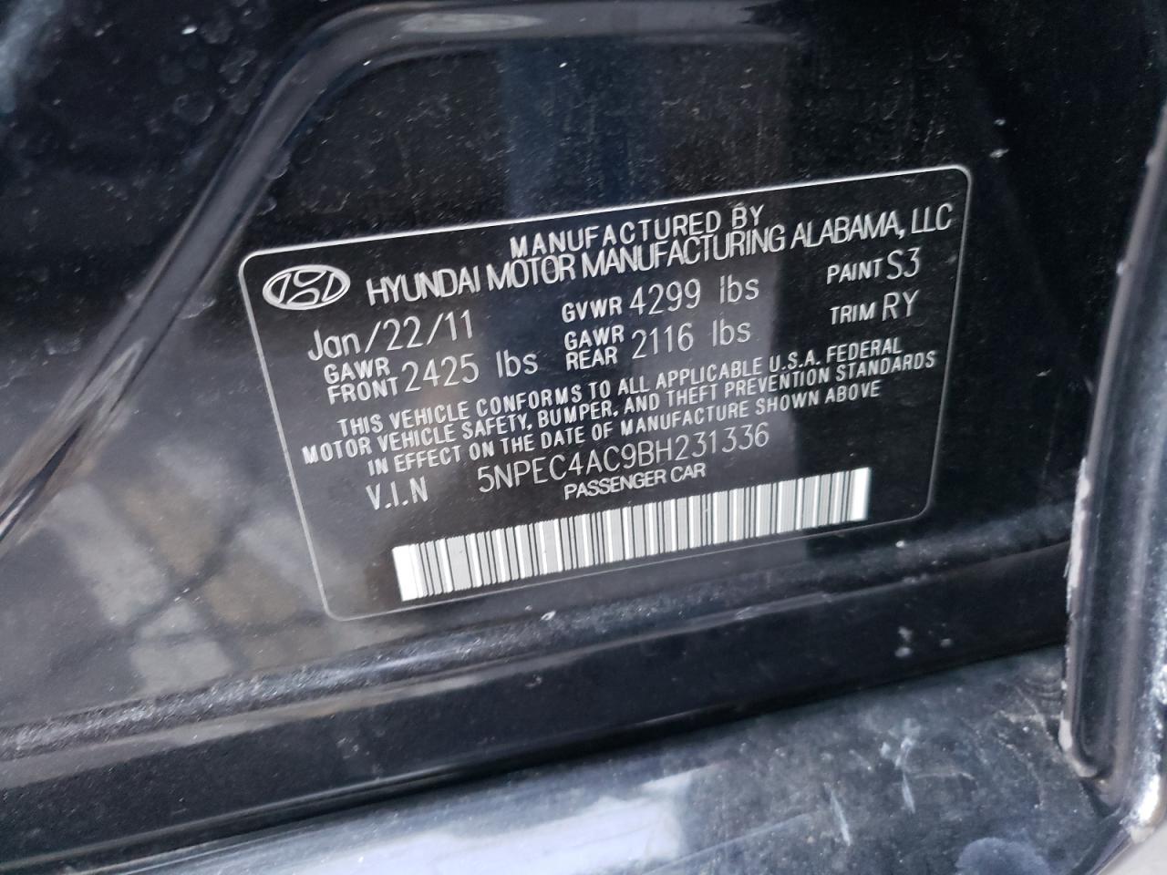 Photo 10 from auction – 2011 HYUNDAI SONATA SE with VIN 5NPEC4AC9BH231336
