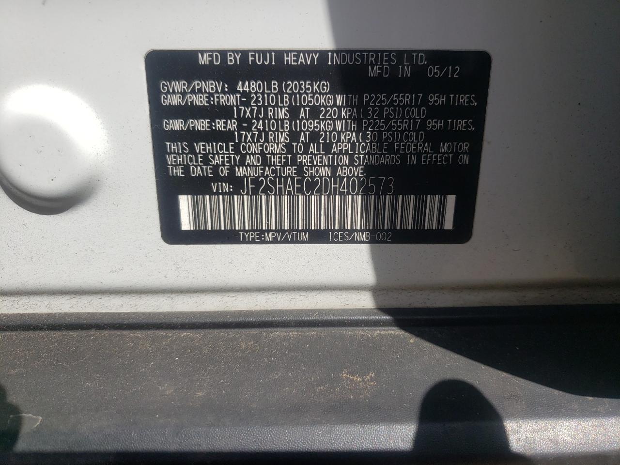 Photo 10 from auction – 2013 SUBARU FORESTER L with VIN JF2SHAEC2DH402573