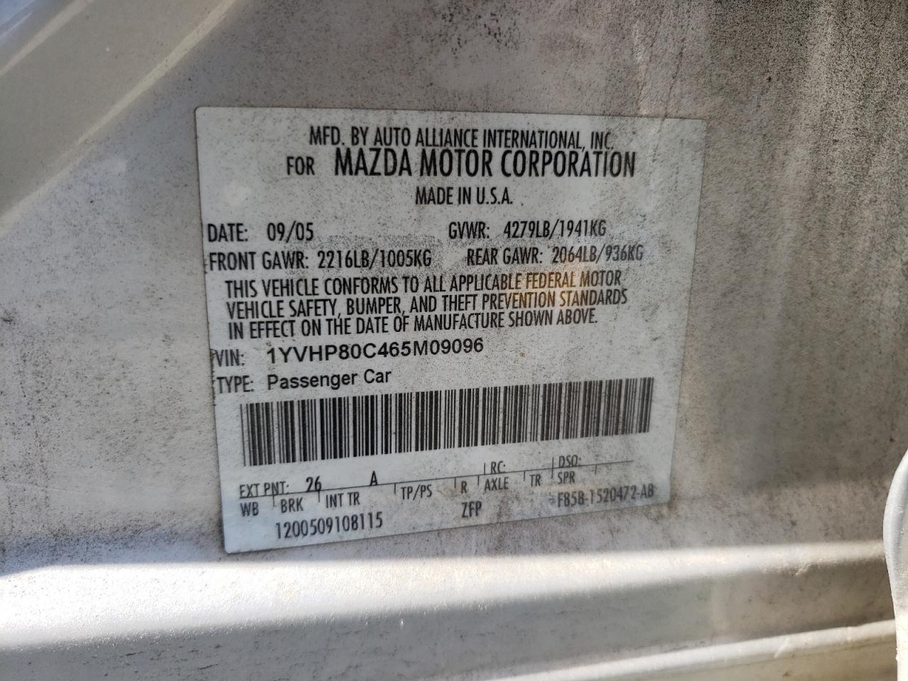 Foto 10 de la subasta – 2006 MAZDA 6 I con VIN 1YVHP80C465M09096