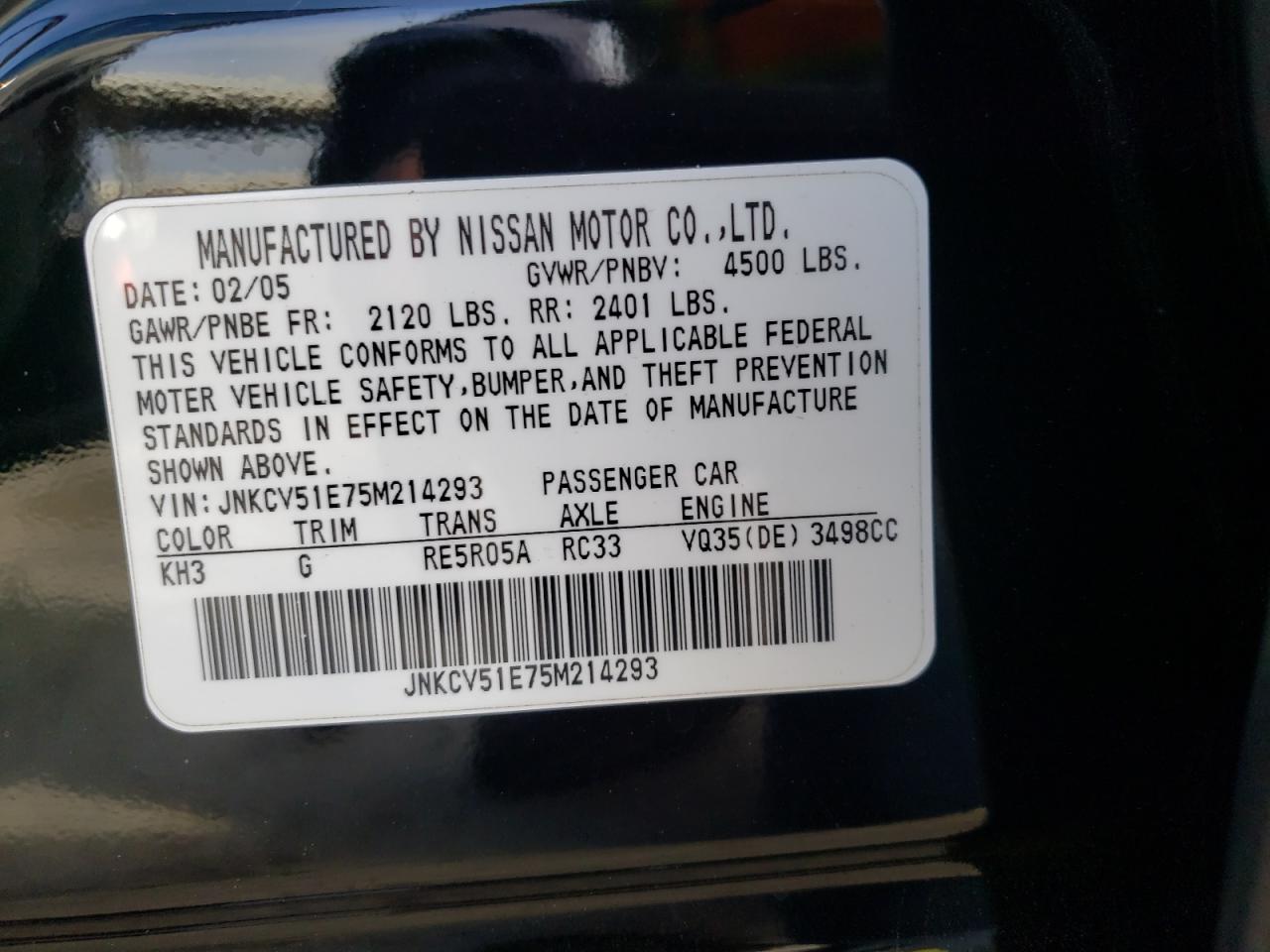 Photo 10 from auction – 2005 INFINITI G35 with VIN JNKCV51E75M214293