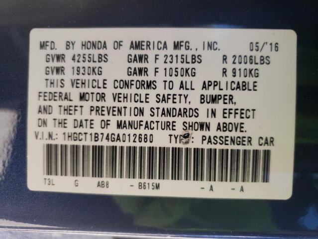 Photo 10 from auction – 2016 HONDA ACCORD EX with VIN 1HGCT1B74GA012680