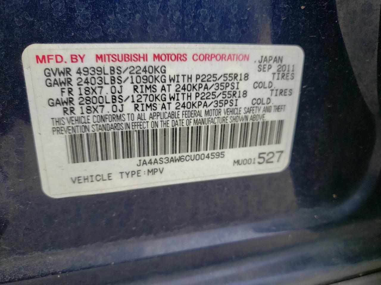 Photo 10 from auction – 2012 MITSUBISHI OUTLANDER with VIN JA4AS3AW6CU004595