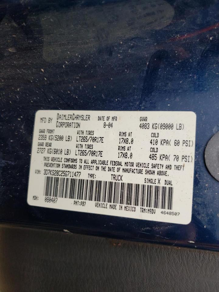 Photo 10 from auction – 2005 DODGE RAM 2500 S with VIN 3D7KS28C25G711477