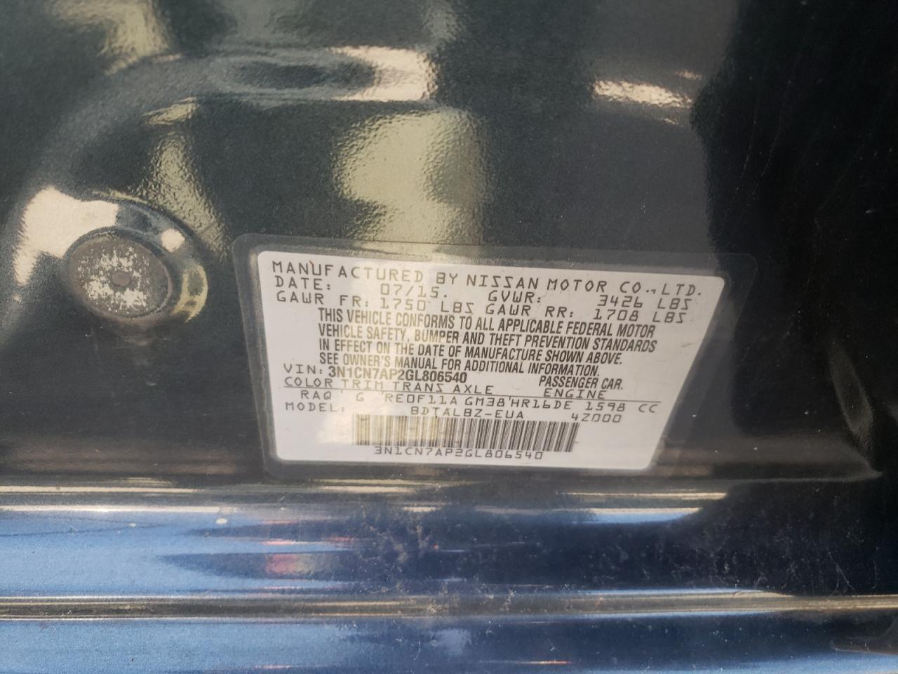 Photo 10 from auction – 2016 NISSAN VERSA S with VIN 3N1CN7AP2GL806540