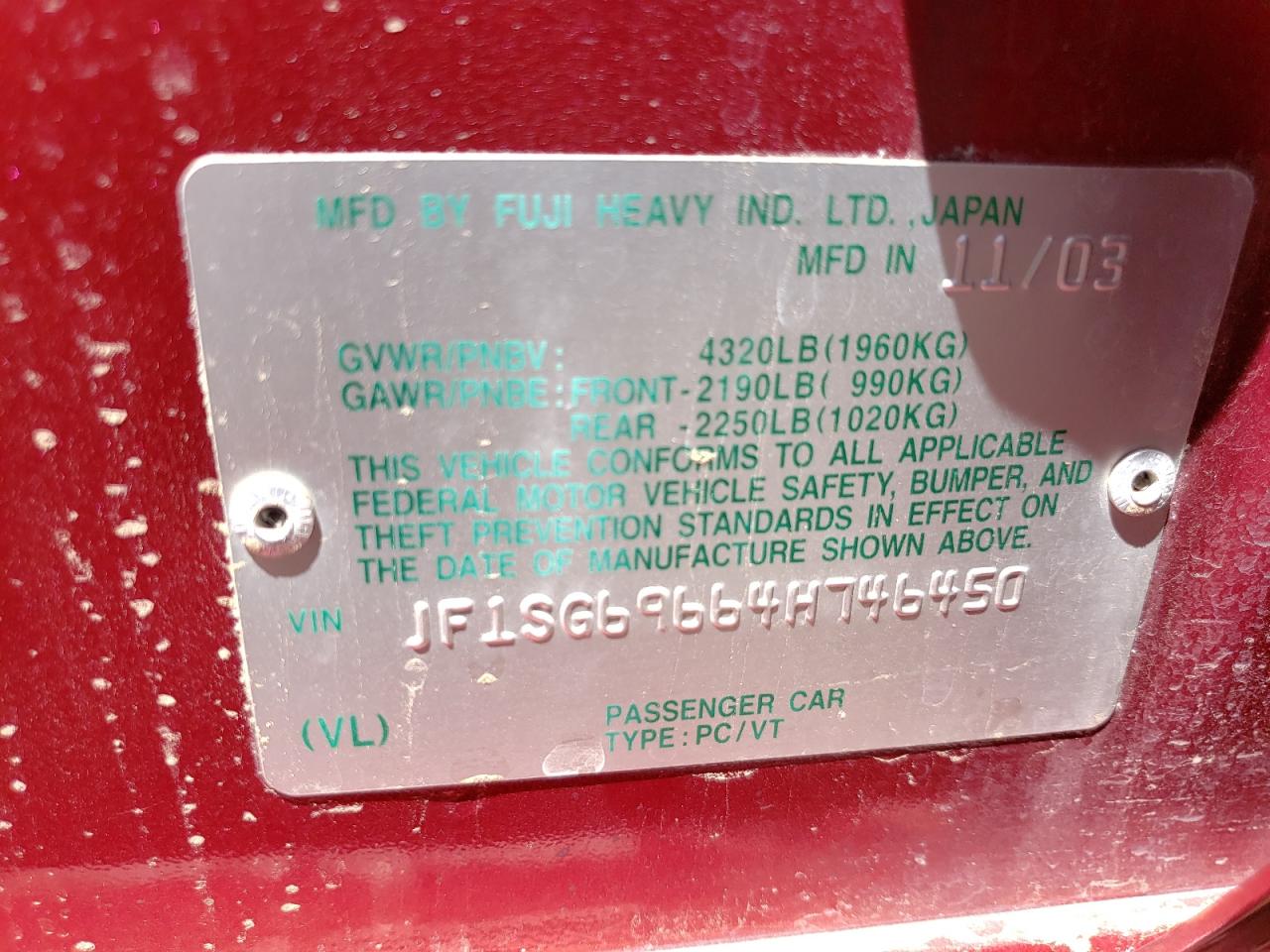 Photo 10 from auction – 2004 SUBARU FORESTER 2 with VIN JF1SG69664H746450