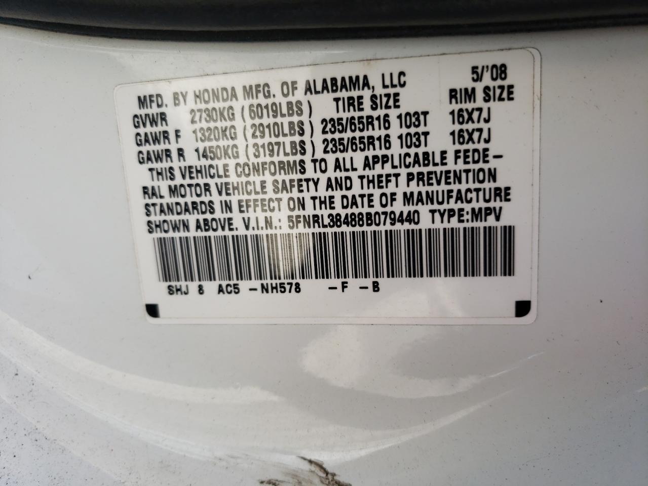Photo 10 from auction – 2008 HONDA ODYSSEY EX with VIN 5FNRL38488B079440