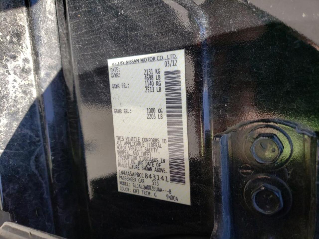 Photo 10 from auction – 2012 NISSAN MAXIMA S with VIN 1N4AA5AP8CC843141