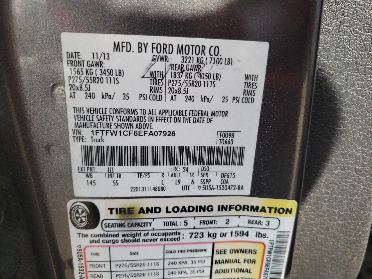 Photo 10 from auction – 2014 FORD F150 SUPER with VIN 1FTFW1CF6EFA07926