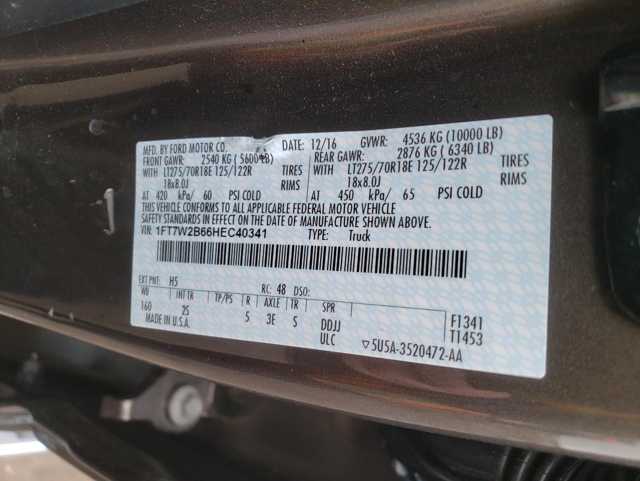 Photo 10 from auction – 2017 FORD F250 SUPER with VIN 1FT7W2B66HEC40341
