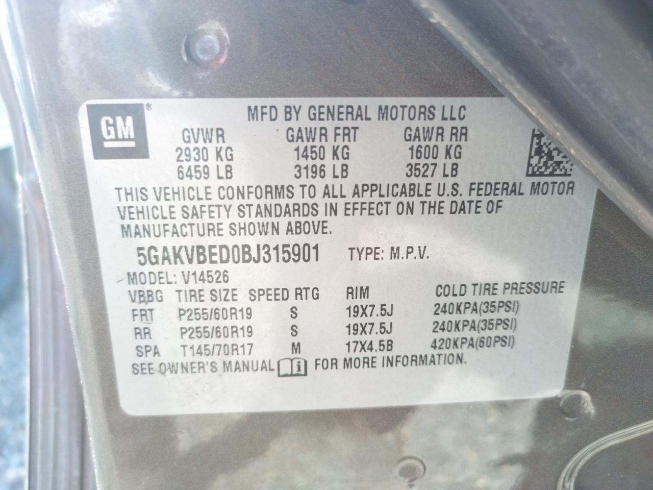 Photo 10 from auction – 2011 BUICK ENCLAVE CX with VIN 5GAKVBED0BJ315901