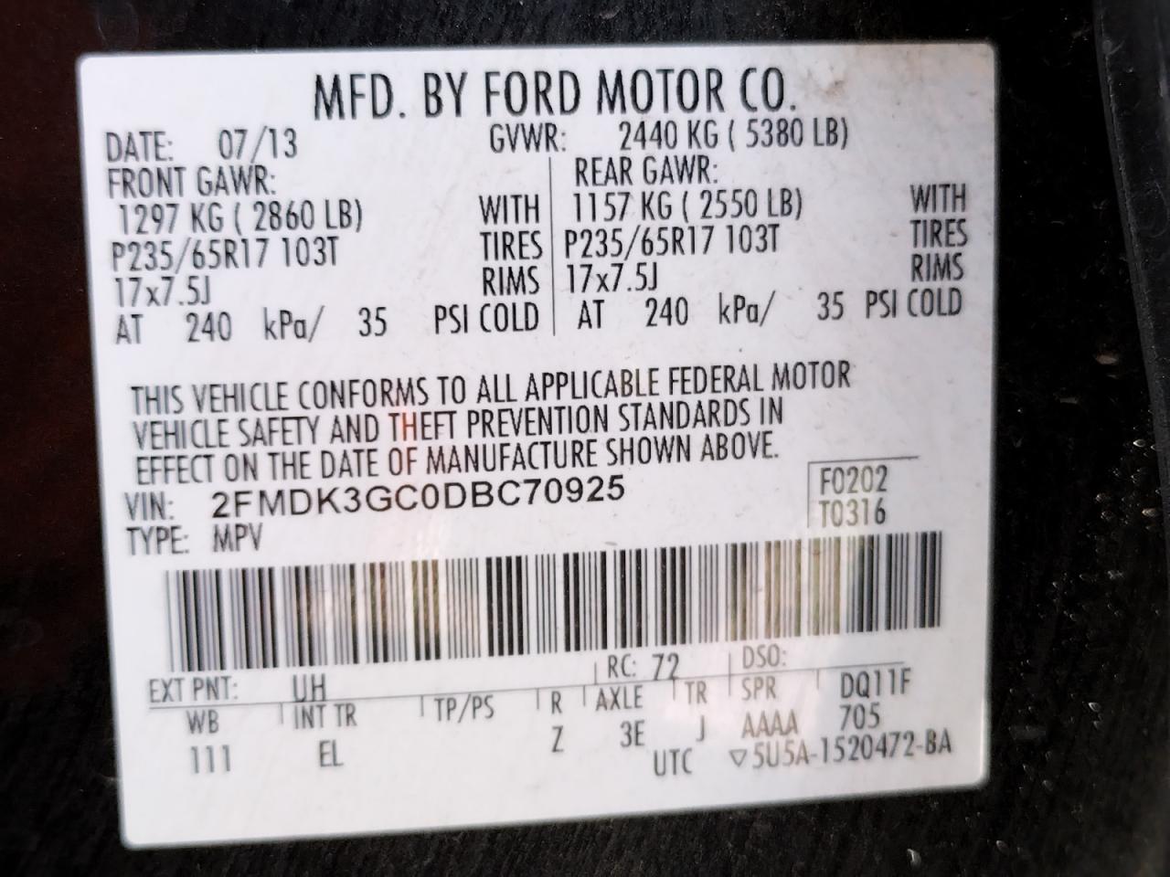 Photo 10 from auction – 2013 FORD EDGE SE with VIN 2FMDK3GC0DBC70925