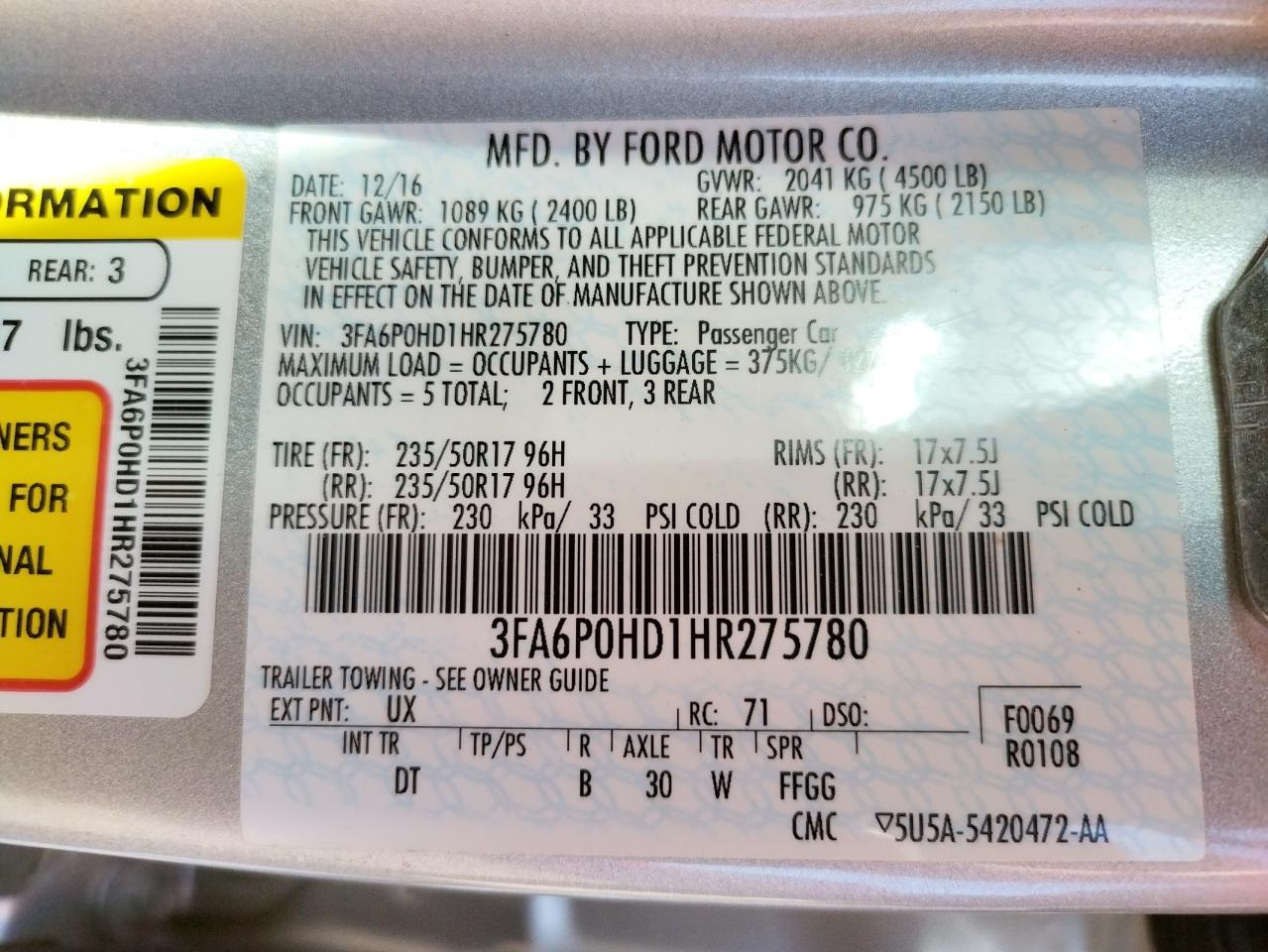 Photo 10 from auction – 2017 FORD FUSION SE with VIN 3FA6P0HD1HR275780