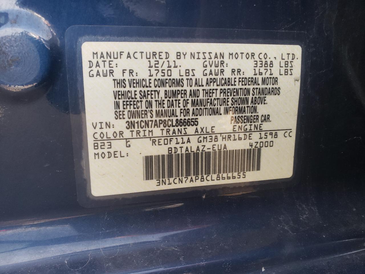 Photo 10 from auction – 2012 NISSAN VERSA S with VIN 3N1CN7AP8CL866655