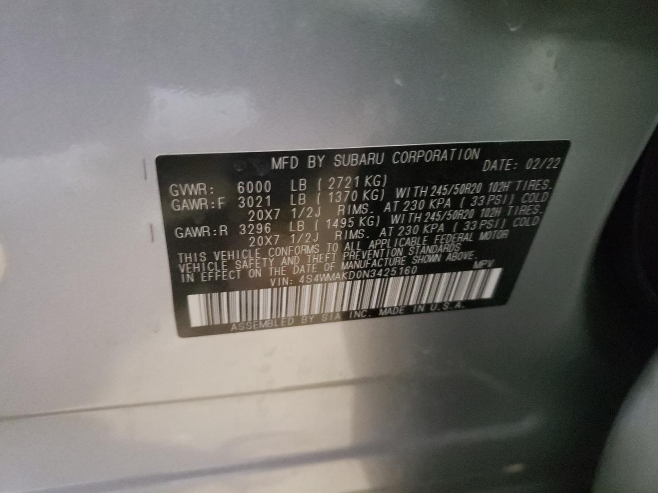 Photo 10 from auction – 2022 SUBARU ASCENT LIM with VIN 4S4WMAKD0N3425160