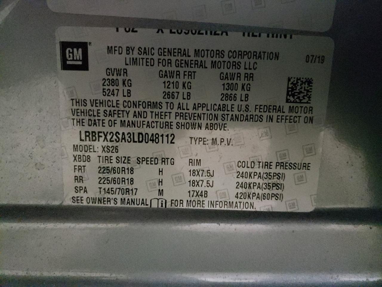 Photo 10 from auction – 2020 BUICK ENVISION E with VIN LRBFX2SA3LD048112