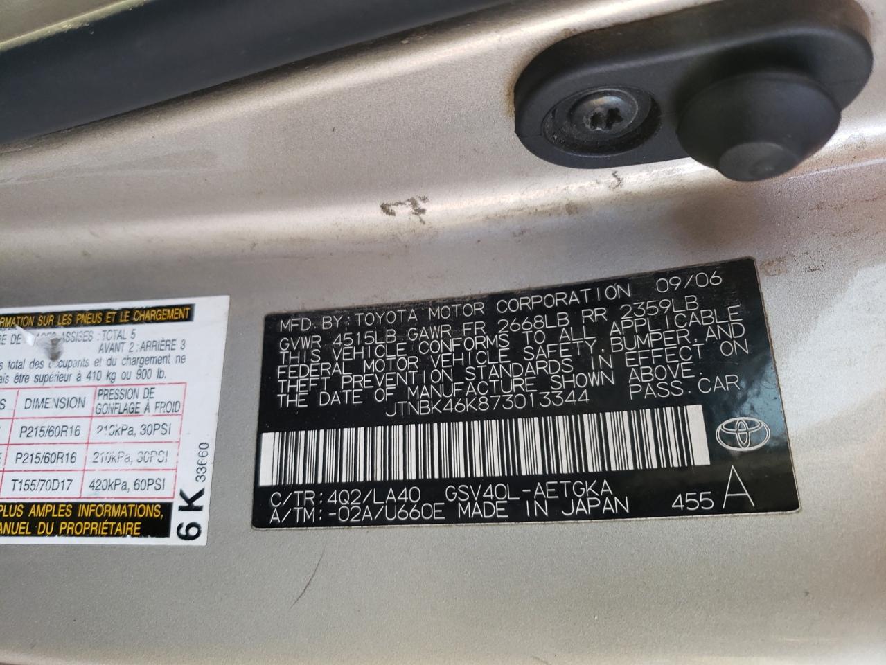 Photo 10 from auction – 2007 TOYOTA CAMRY LE with VIN JTNBK46K873013344