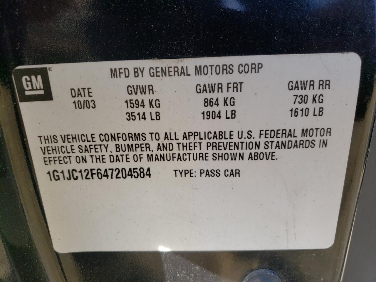 Photo 10 from auction – 2004 CHEVROLET CAVALIER with VIN 1G1JC12F647204584