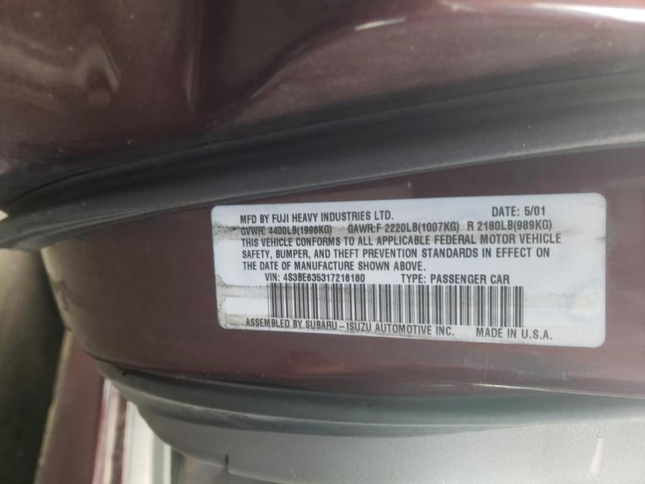 Photo 10 from auction – 2001 SUBARU LEGACY L with VIN 4S3BE635317216180