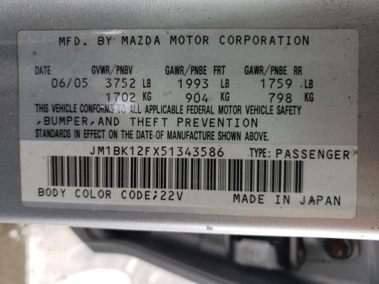 Photo 10 from auction – 2005 MAZDA 3 I with VIN JM1BK12FX51343586