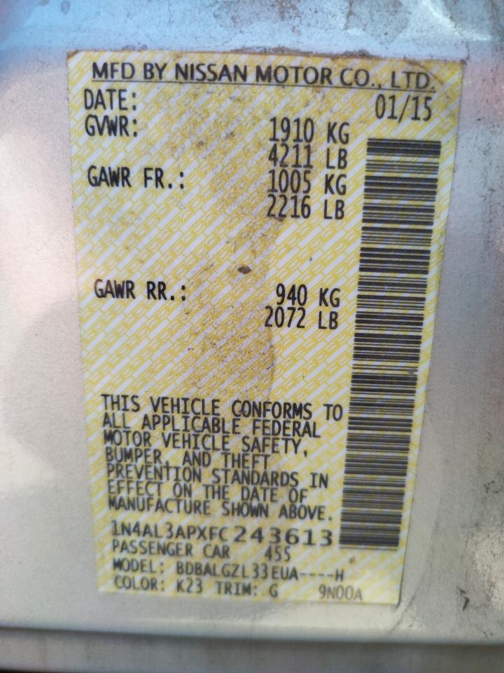 Photo 10 from auction – 2015 NISSAN ALTIMA 2.5 with VIN 1N4AL3APXFC243613