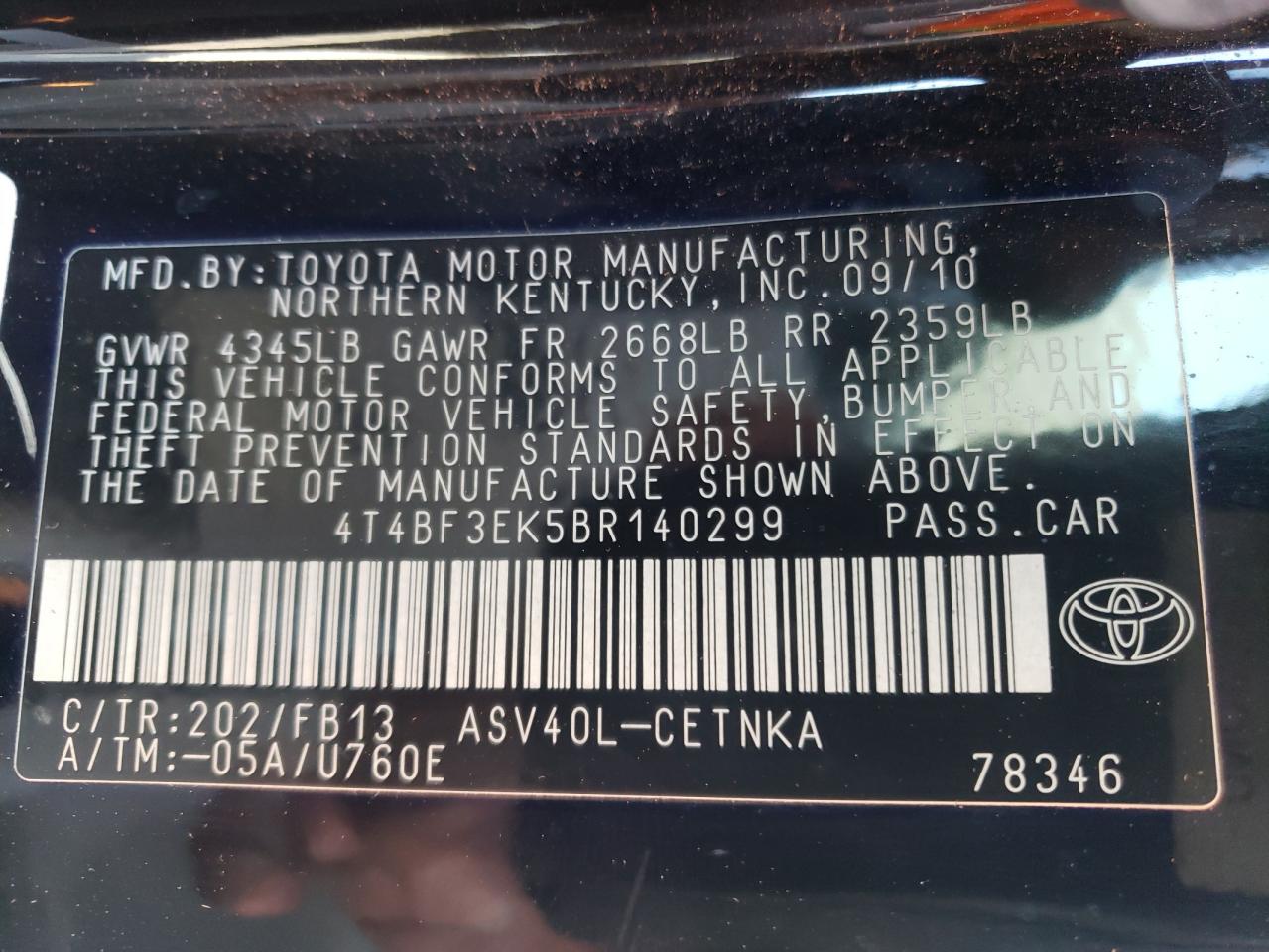 Photo 10 from auction – 2011 TOYOTA CAMRY BASE with VIN 4T4BF3EK5BR140299