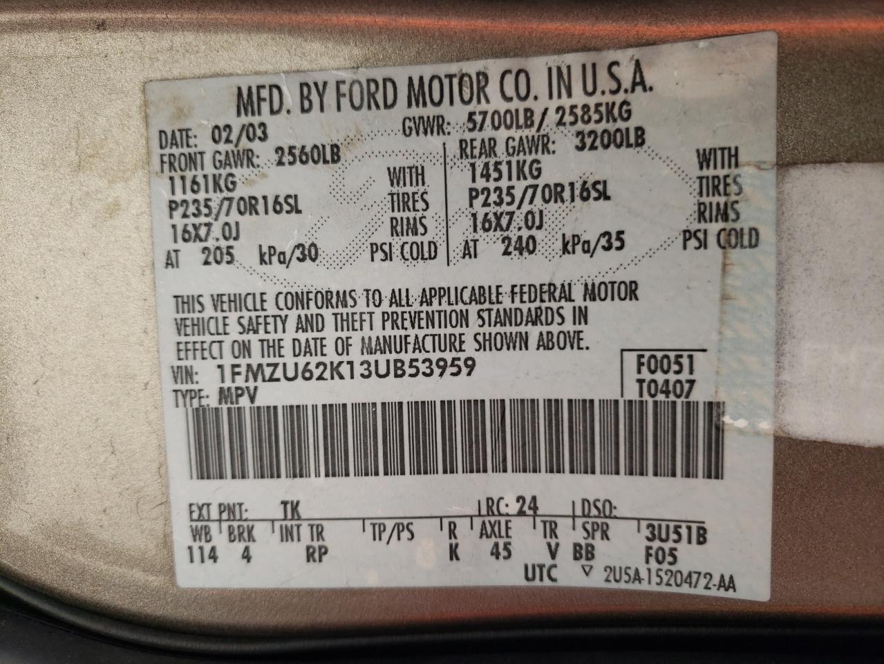 Foto 10 de la subasta – 2003 FORD EXPLORER X con VIN 1FMZU62K13UB53959